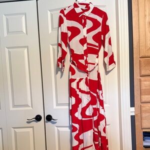 Zara Red and White Abstract Shirt Dress